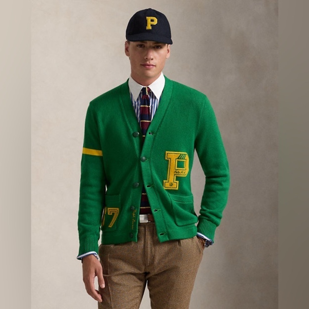 Polo by Ralph Lauren Green Wool Varsity Cardigan with Yellow Patch